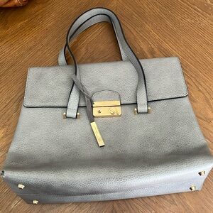 Innue Italian gray pebble leather structured satchel shoulder bag w/ gold clasp